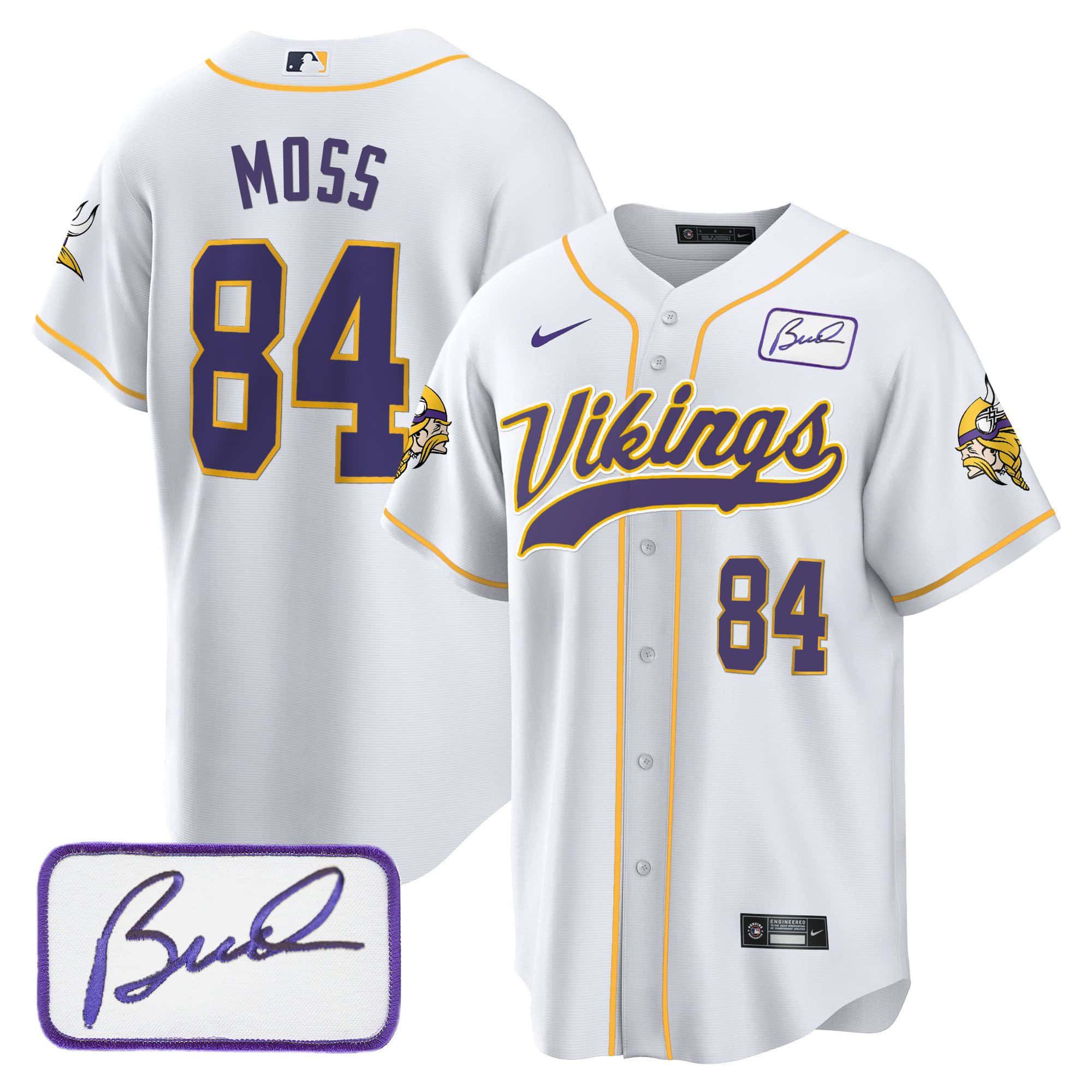 Men Minnesota Vikings #84 Moss White 2024 Nike Bud Grant Patch Classic Baseball NFL Jersey